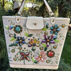 Enid Collins Of Texas Purse Jewel Garden Bag Rainbow Flowers Tote Vintage Mint